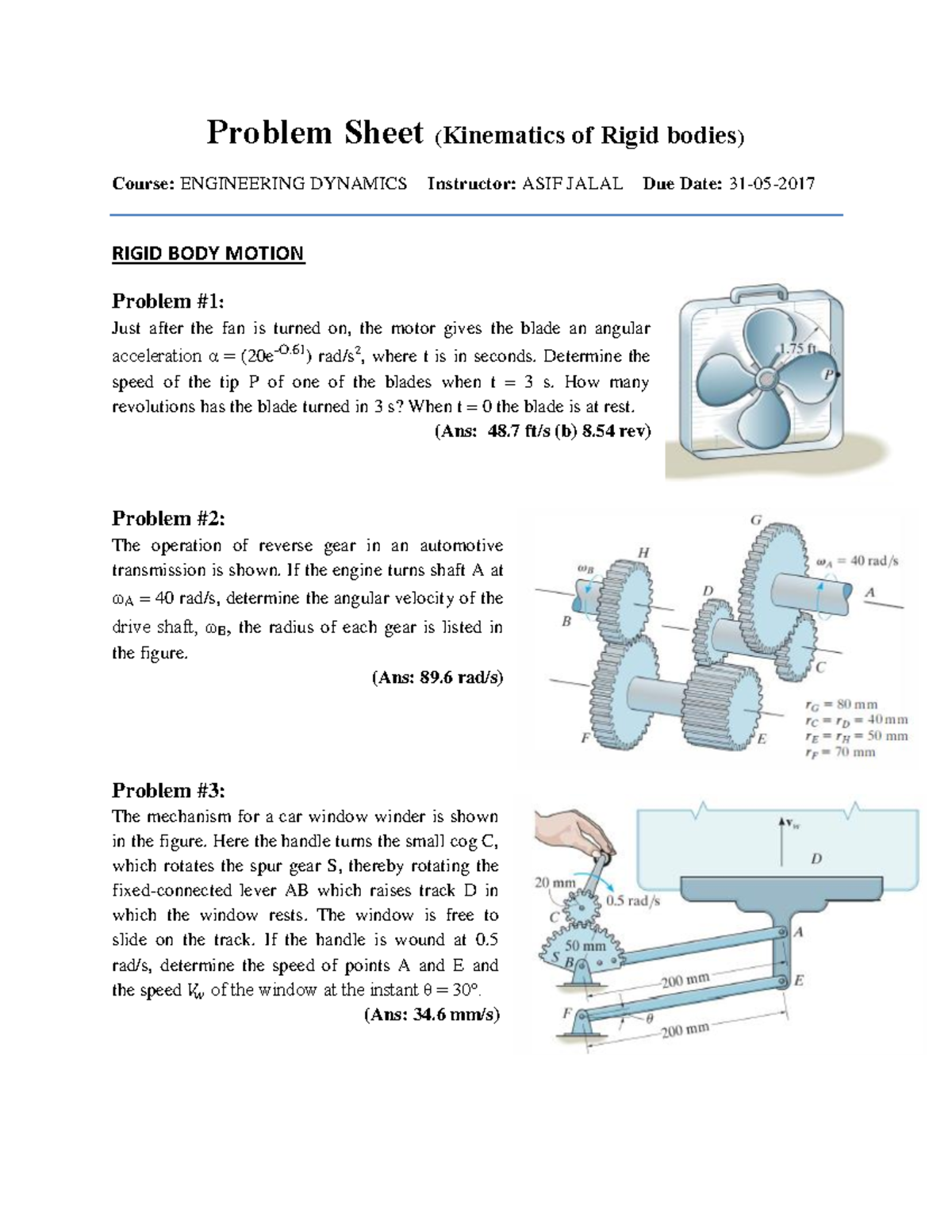 Kinematics of Rigid Bodies - Problem Sheet #01-3 (ENG DYNAMICS) - Studocu