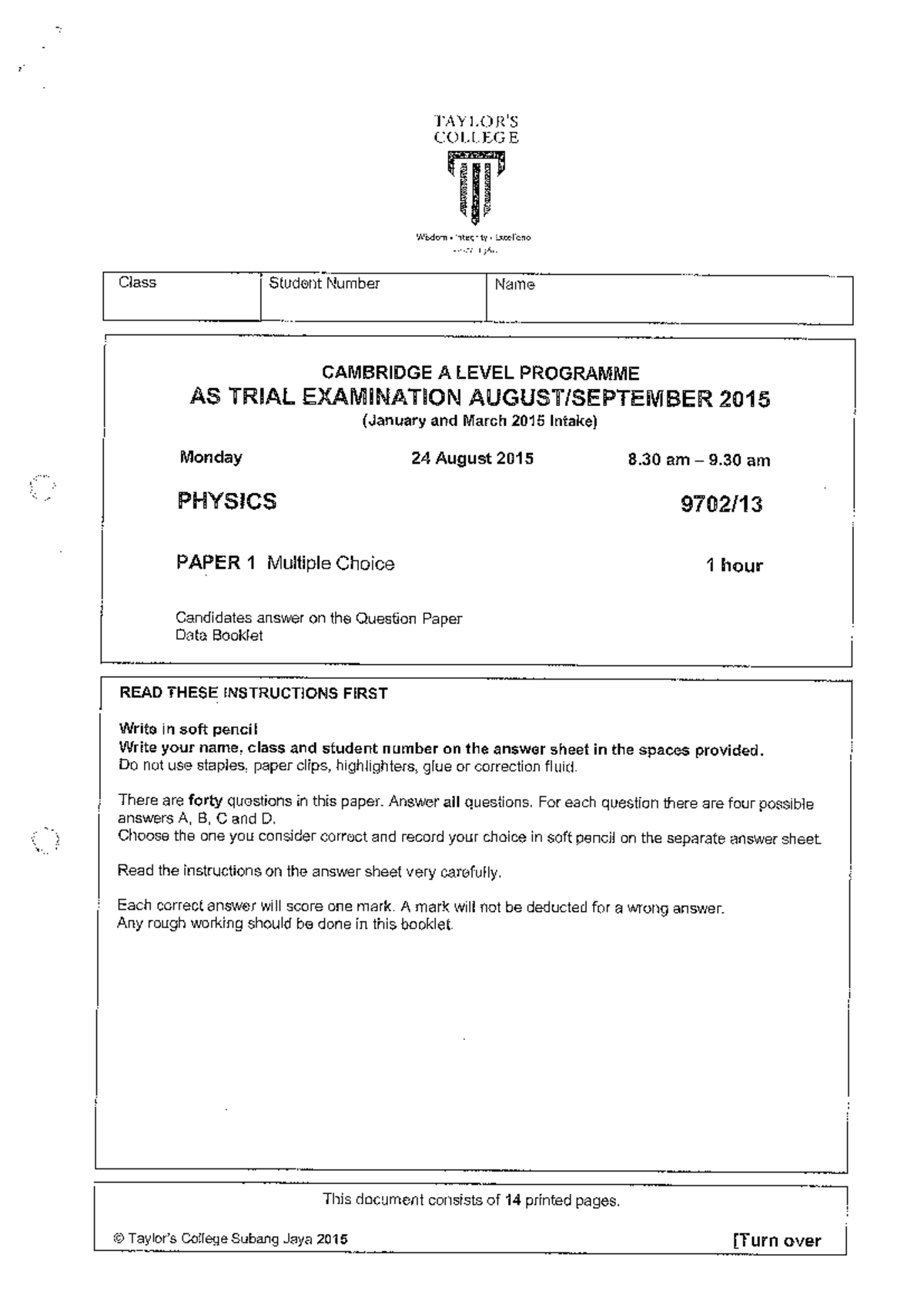 CAMBRIDGE A LEVEL PHYSICS AS TRIAL EXAMINATION 2015 - PAPER 1 - Studocu
