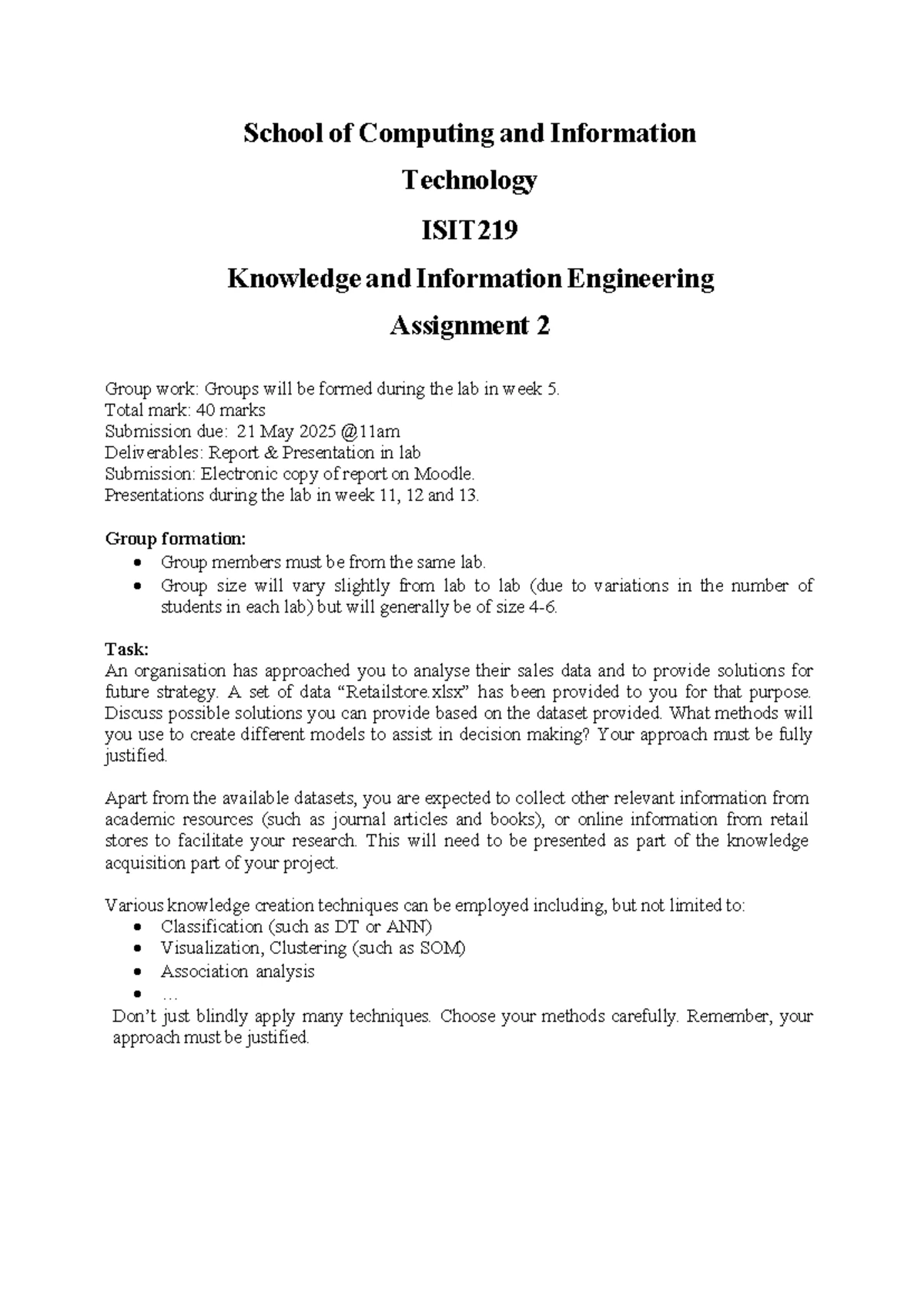 ISIT919 Assignment 2: Knowledge & Information Engineering Tasks - Studocu