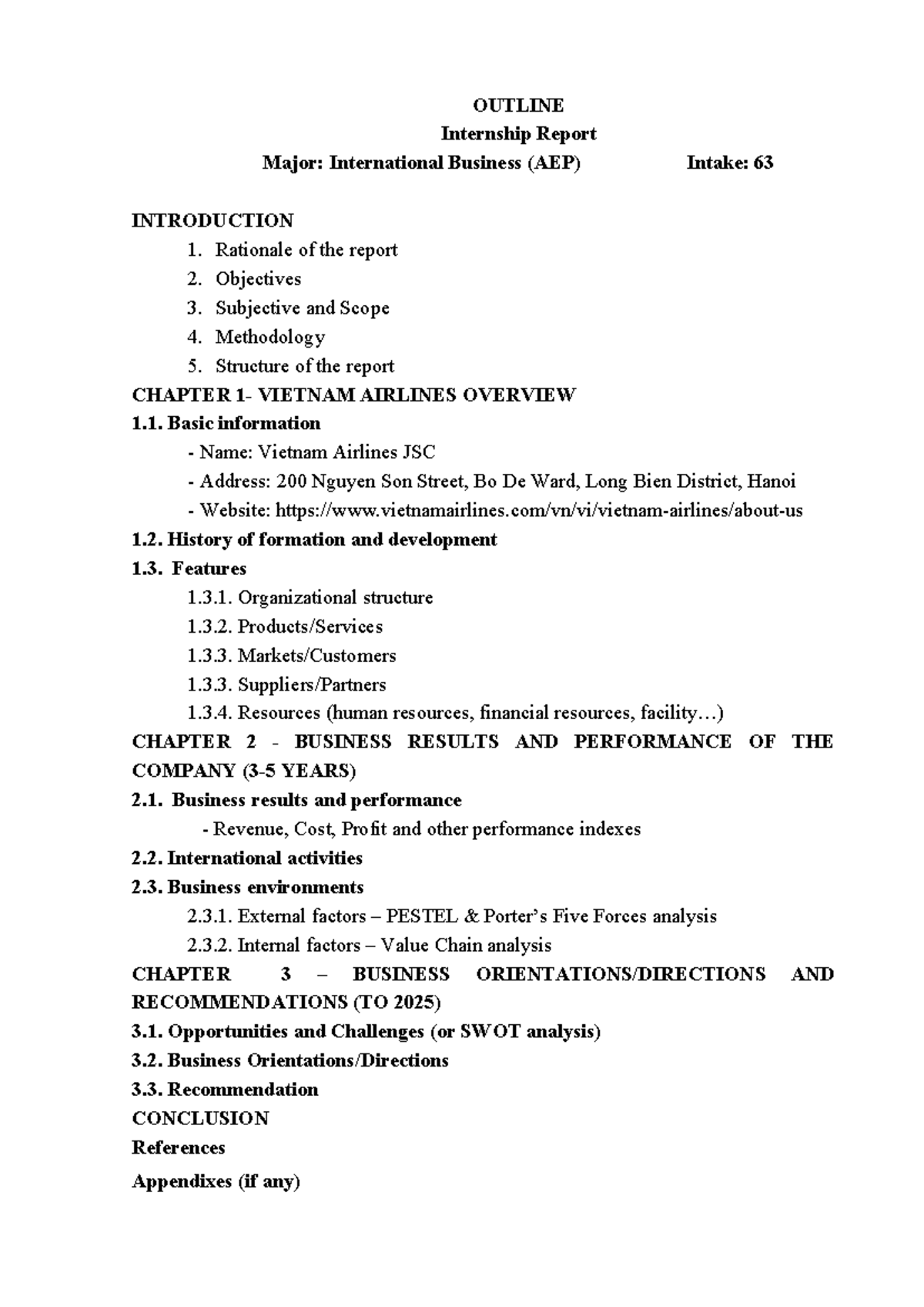 Outline for Major Research Paper - OUTLINE Internship Report Major ...