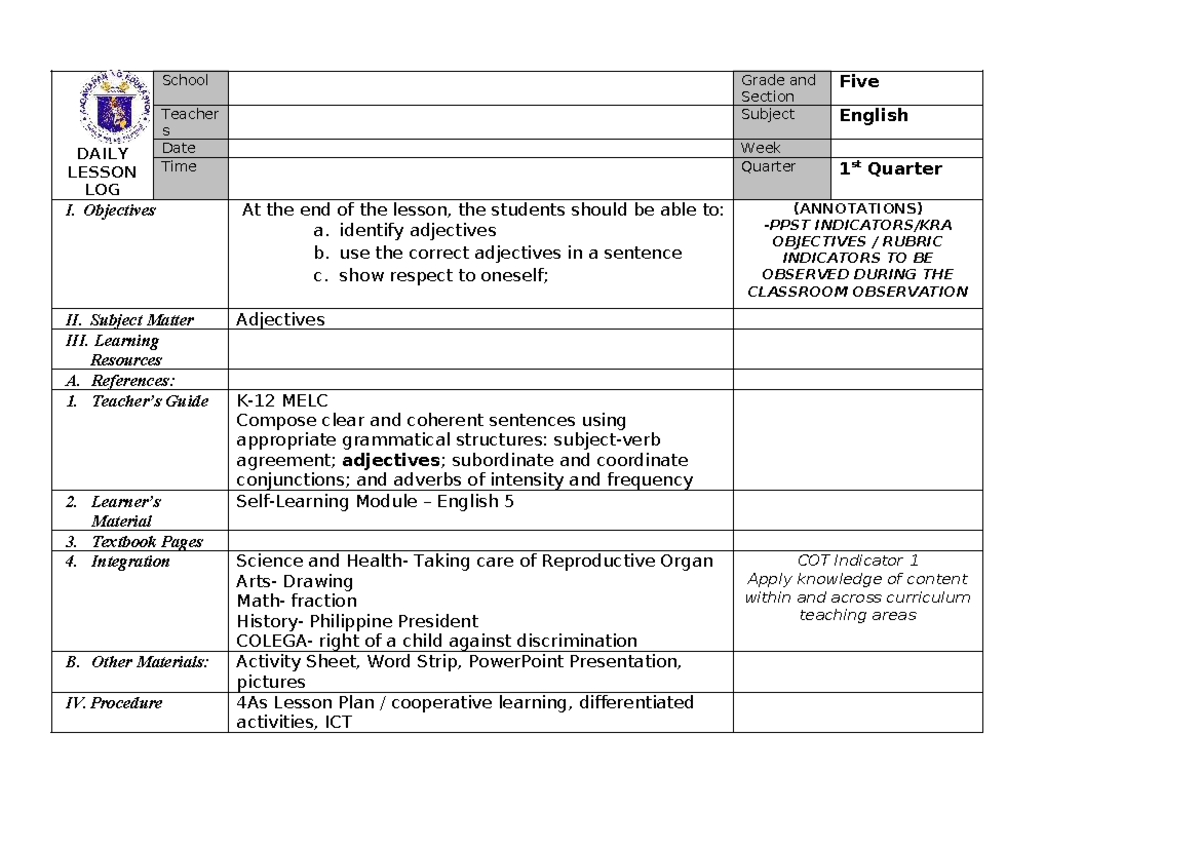 Adjectives Lesson Plan (LP) for Grade 5 - 1st Quarter - Studocu