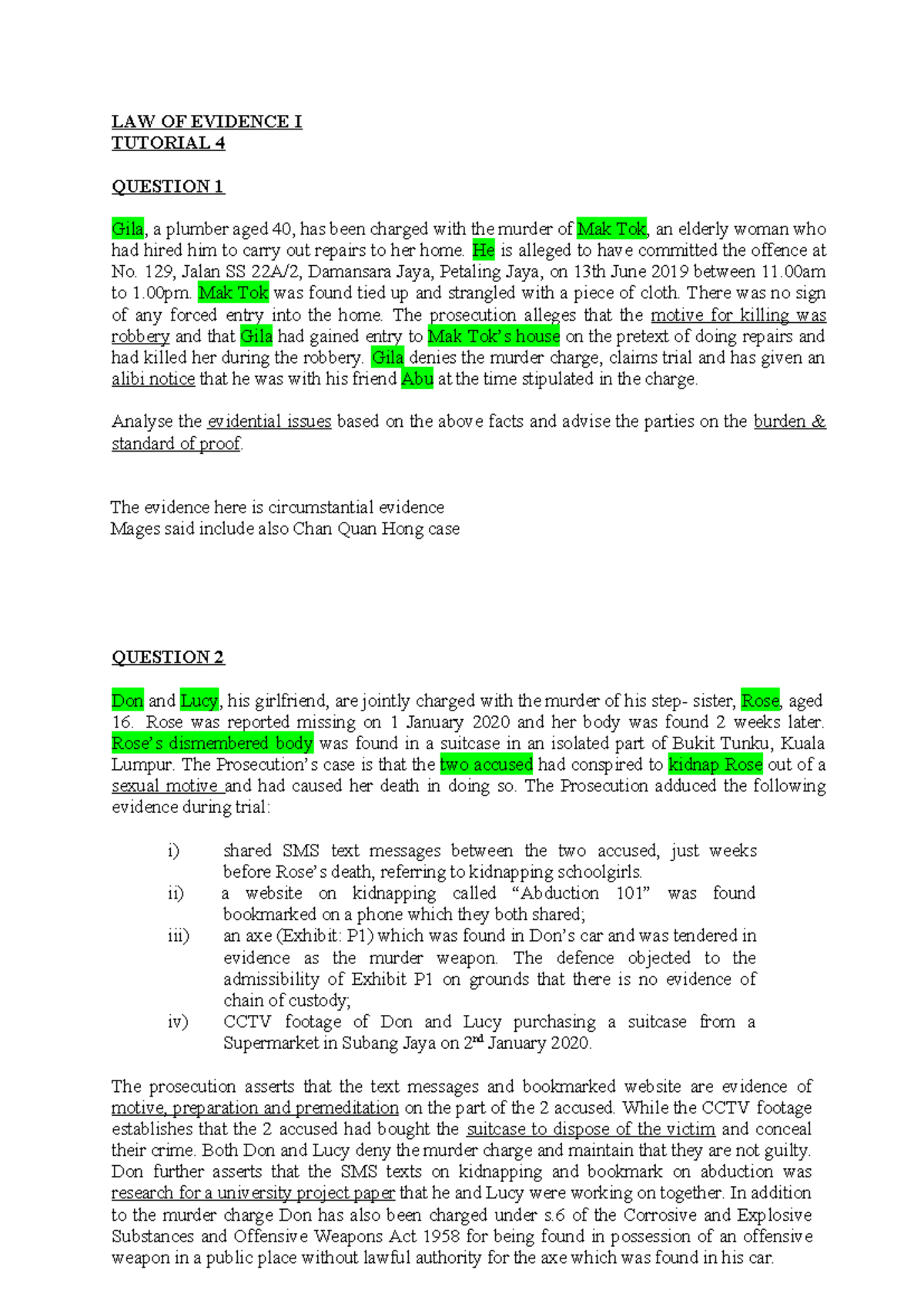 LAW OF EVIDENCE I TUTORIAL 4 ANALYSIS OF MURDER CASES - Studocu