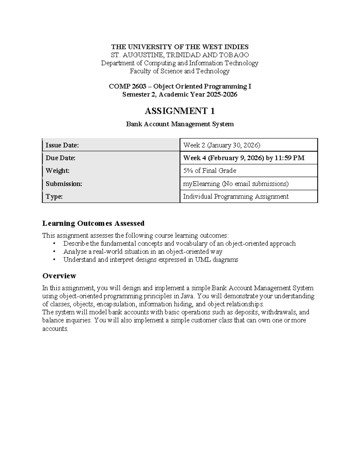 COMP 2603 Assignment 1: Bank Account Management System - Studocu