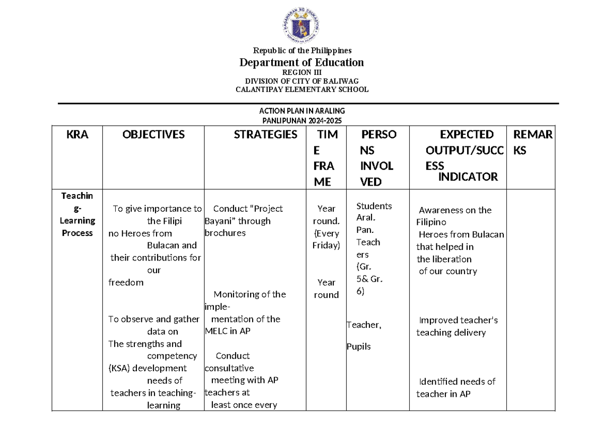 Action Plan for Araling Panlipunan (AP) 2022-2024 - Studocu