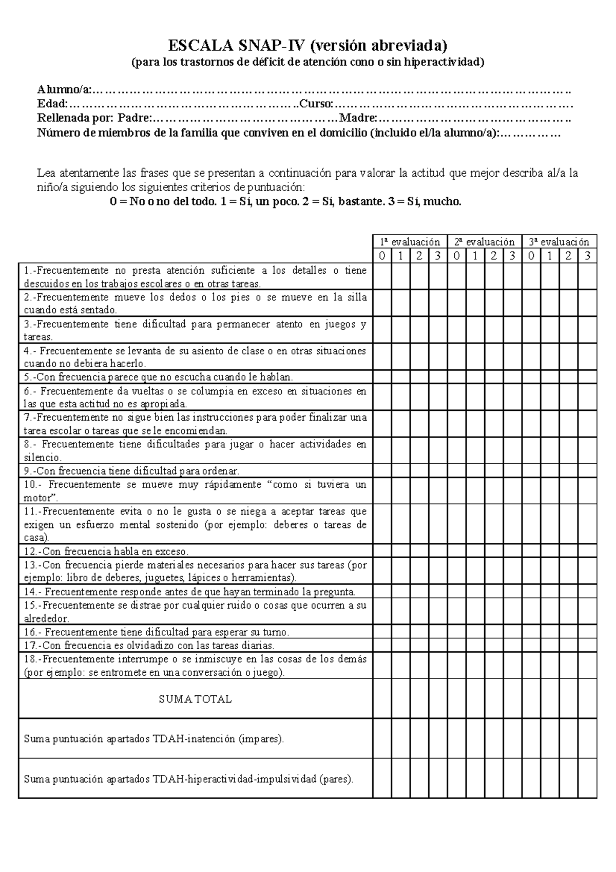ESCALA SNAP-IV Abreviada para Trastornos de Déficit de Atención - Studocu