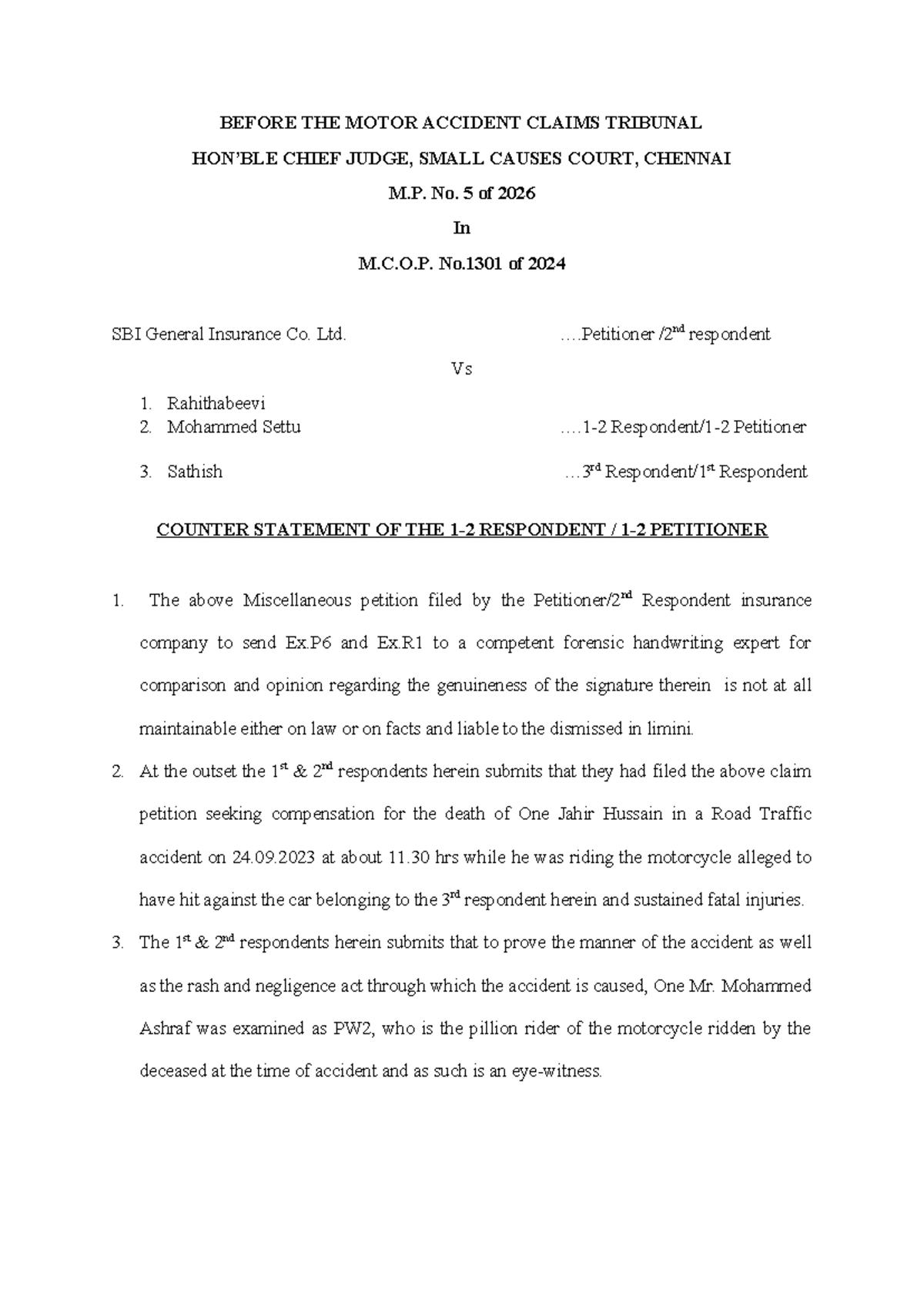 Counter Statement in M.C.O.P. No. 1301 of 2024 - Rahithabeevi Case ...