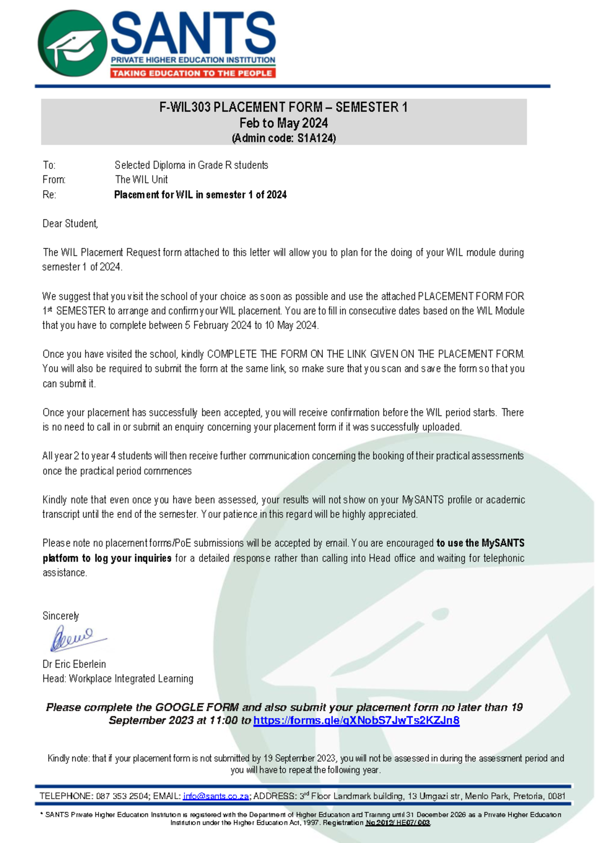 F-WIL 303 Placement Form for Diploma in Grade R Students - S1 2024 ...
