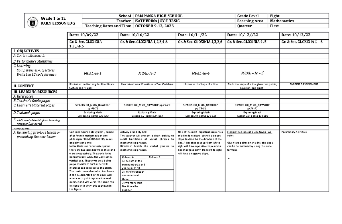 DLL-Q1-W6 - DLL for 1st QT - Grade 1 to 12 DAILY LESSON LOG School ...
