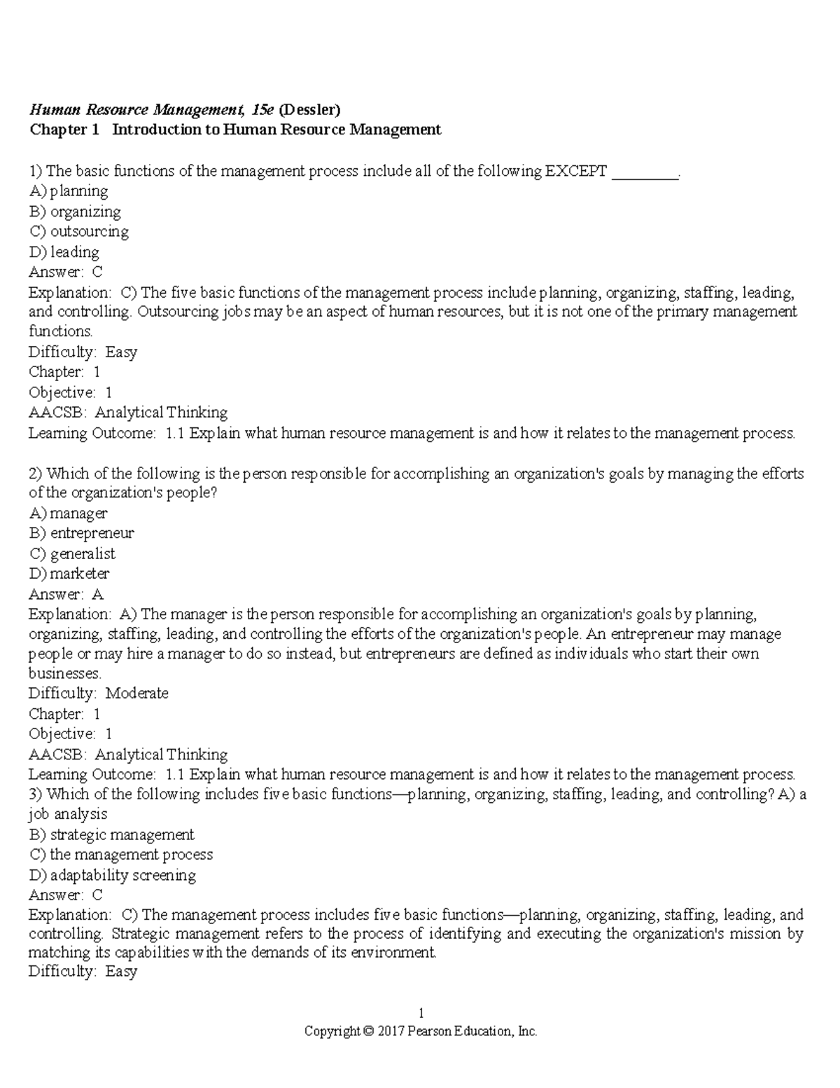 Chapter 01 - Human Resource Management Concepts and Quiz Overview - Studocu