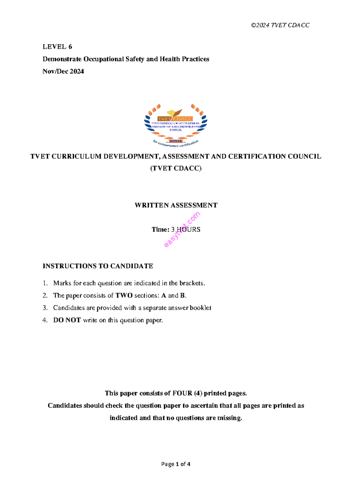 TVET CDACC LEVEL 6 OSH Written Assessment 2024: Safety Practices Guide ...
