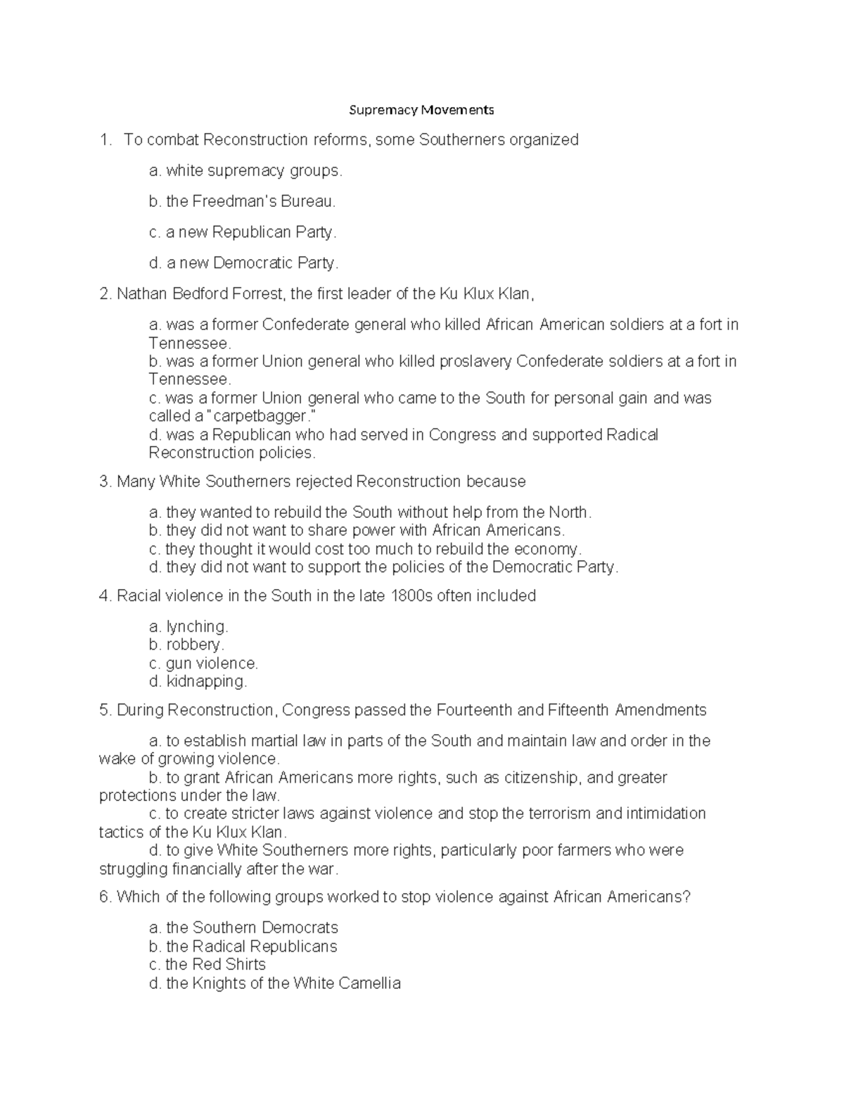 SS 101: Analysis of Supremacy Movements in Post-Reconstruction South ...