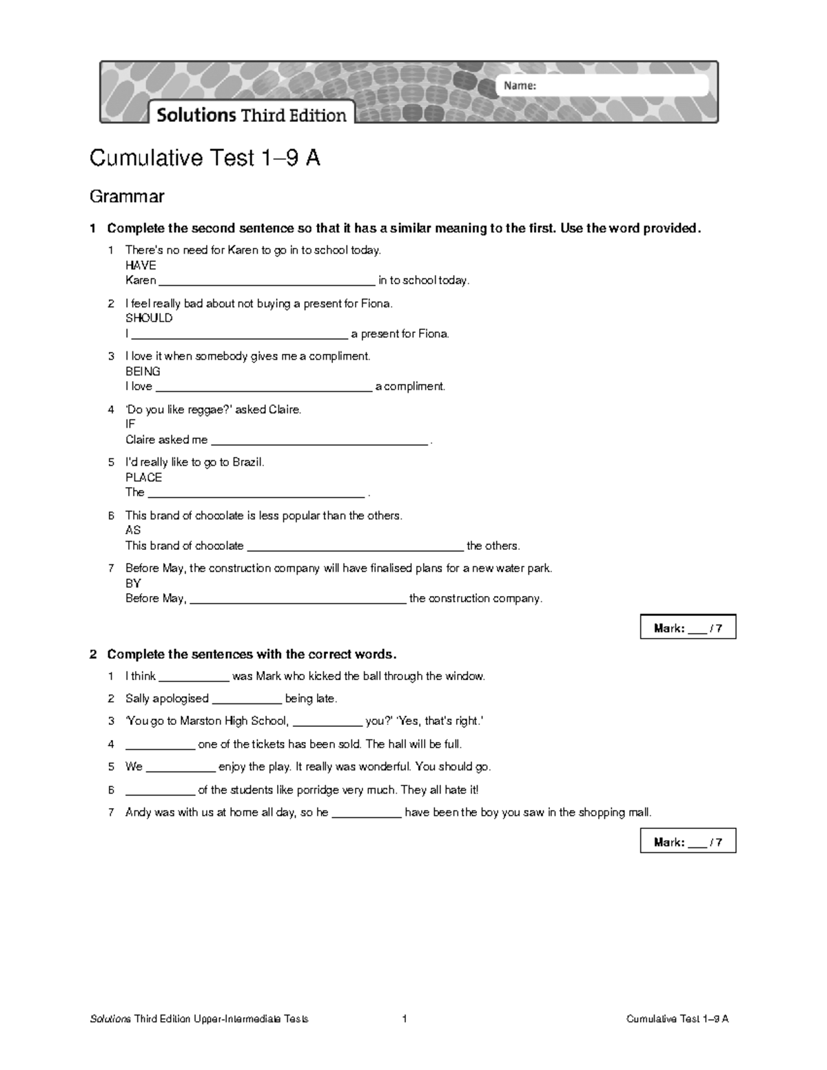 CUMULATIVE TEST 1-9A - ENGLISH GRAMMAR & VOCABULARY REVIEW - Studocu