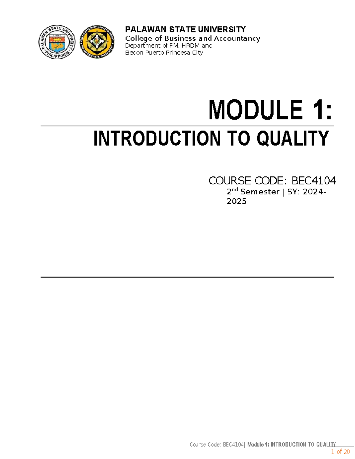 BEC4104: Module 1 - Introduction to Quality Management Notes - Studocu