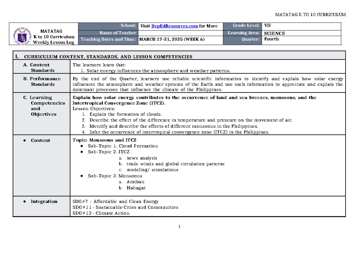 Matatag Curriculum Science Overview for Grades 4 & 7 - Studocu
