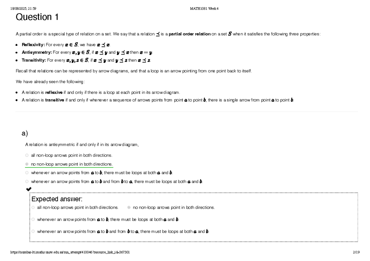 MATH1081 Week 4 Partial Orders and Relations Quiz - Studocu