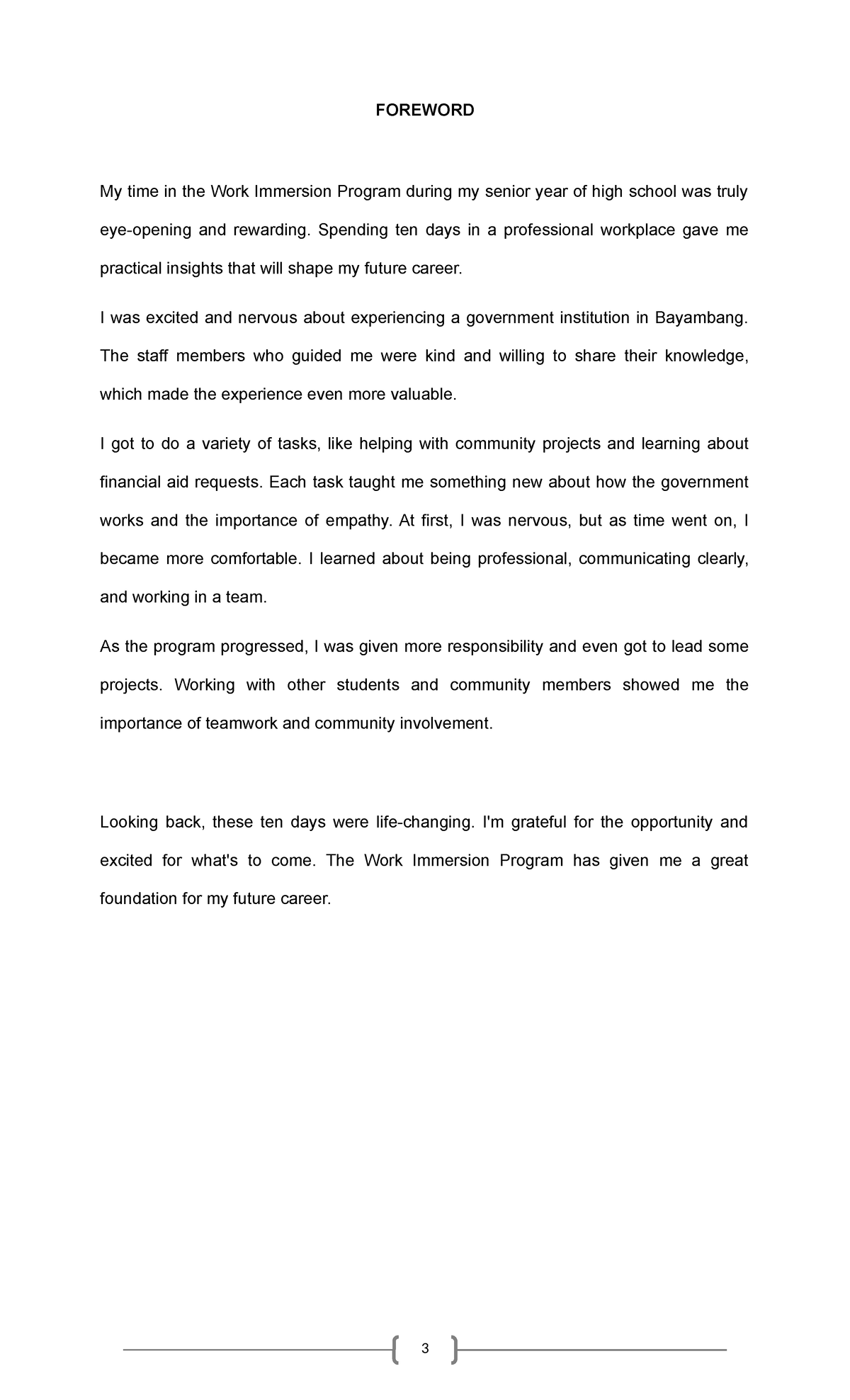 High School Work Immersion Program: A Reflective Foreword - Studocu