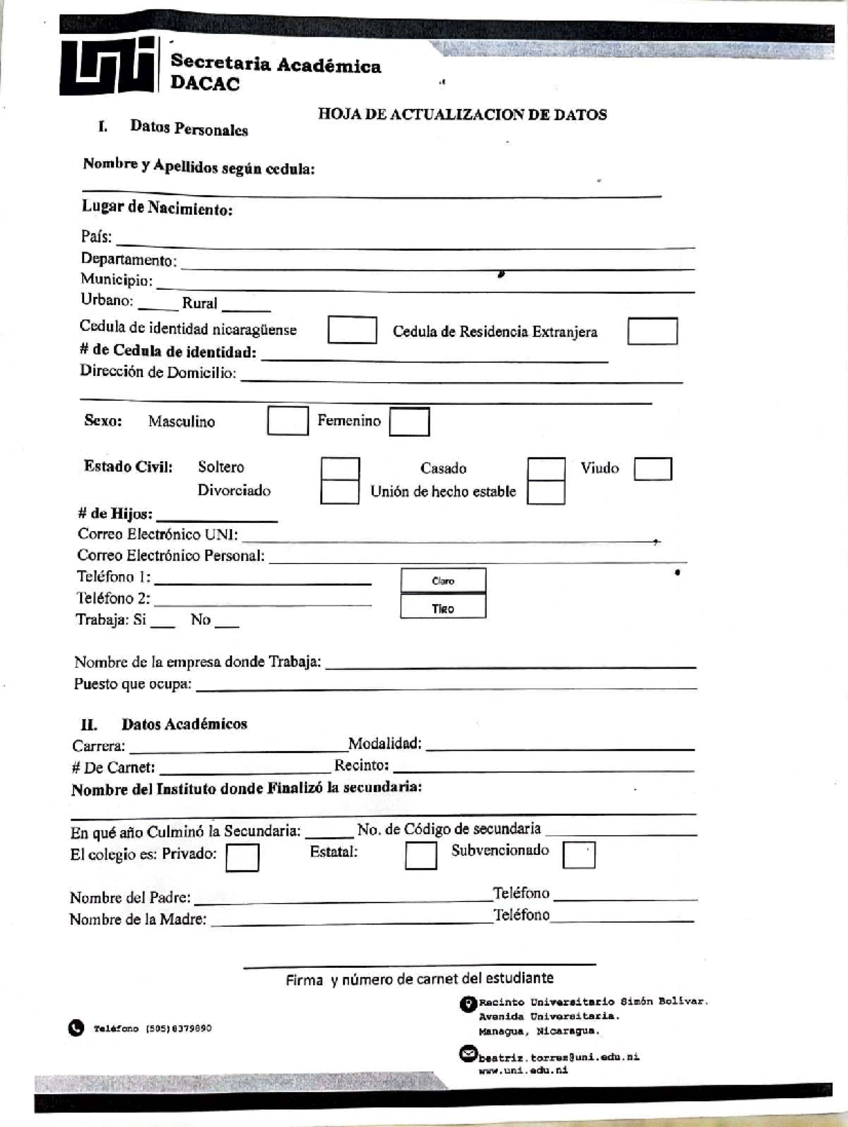 Hoja de Actualización de Datos - Secretaria Académica DACAC - Studocu