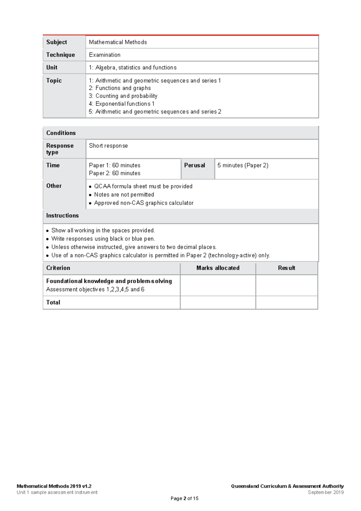 Mathematical Methods 2019 U1 T1-5 Practice Exam Paper 4 - Studocu