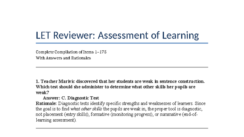 LET Reviewer: Comprehensive Assessment of Learning with Answers ...