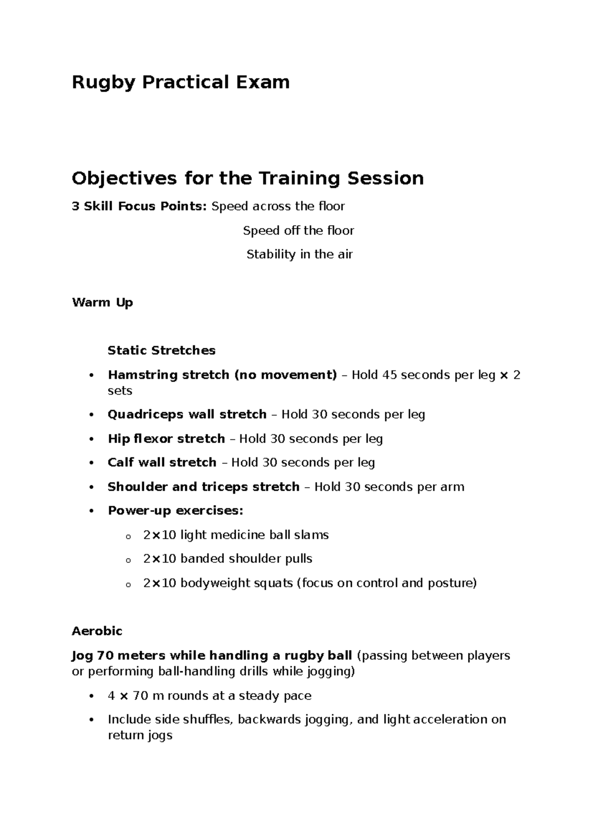 Rugby Practical Exam Objectives: Training Session 3 Skills Focus - Studocu