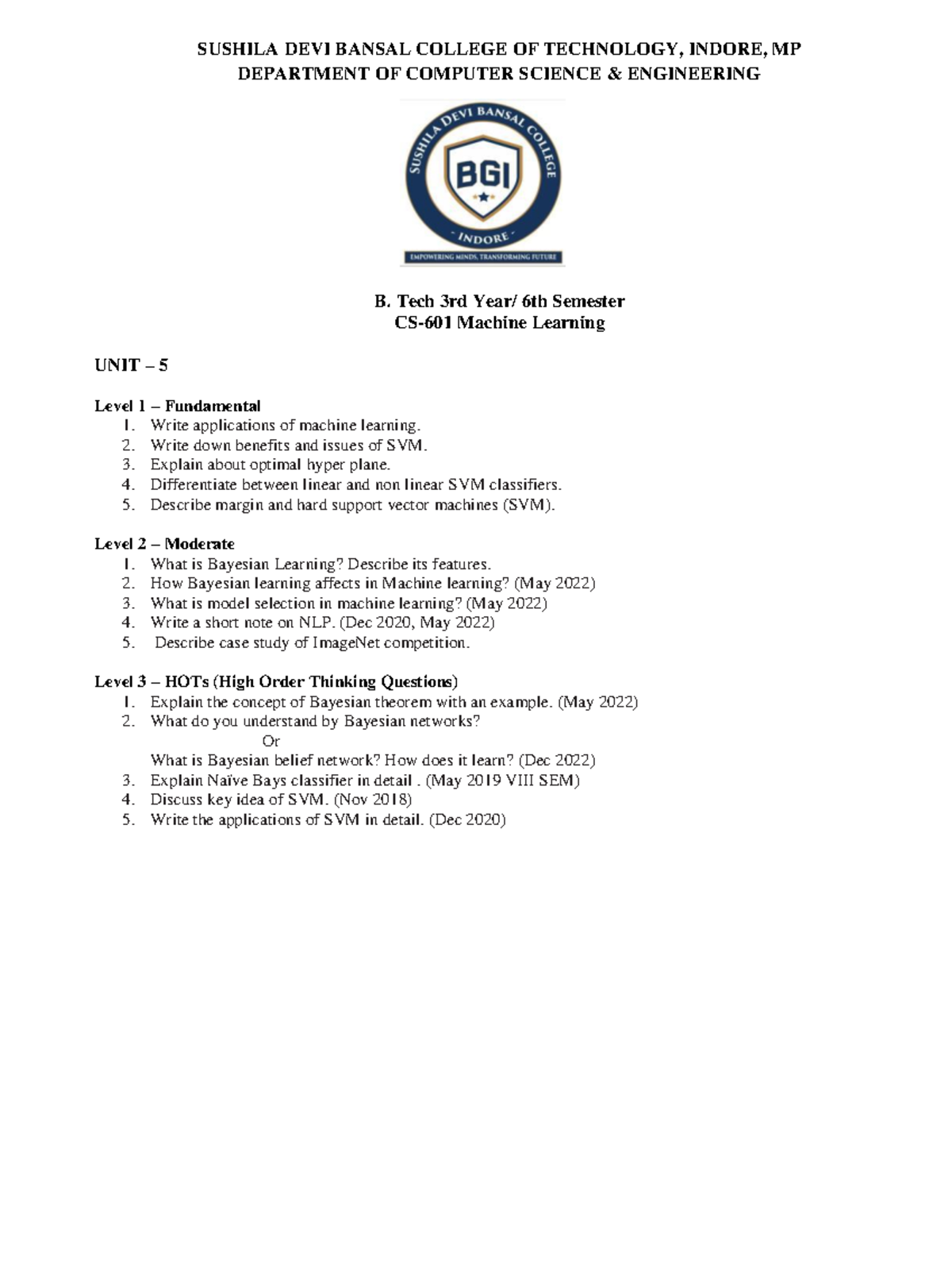 ML B.Tech 3rd Sem Unit 5 Lecture Notes: SVM & Bayesian Learning - Studocu