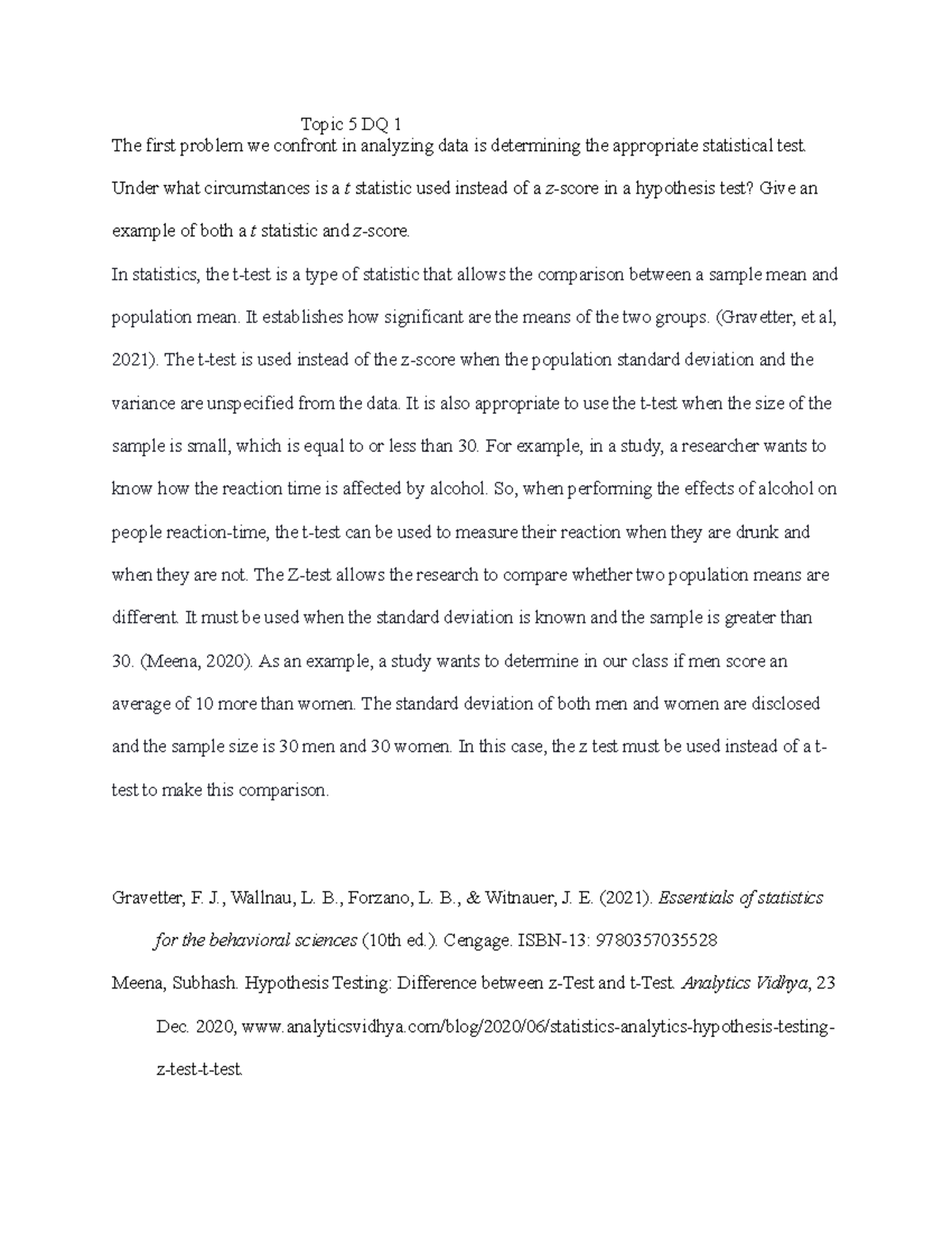 Topic 5 DQ 1: Uses of t Statistic vs. z Score in Hypothesis Testing -  Studocu