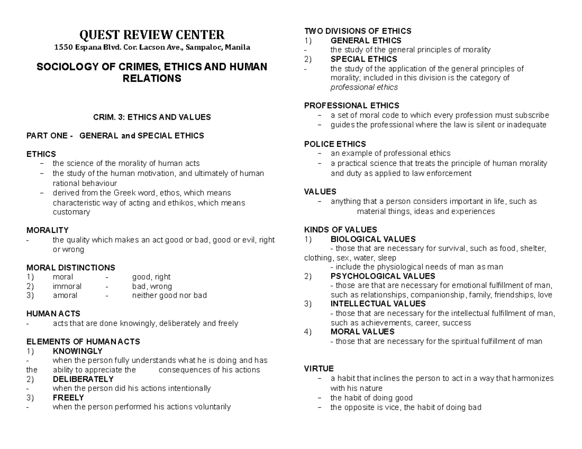 CRIM.-3- Ethics-AND- Values - QUEST REVIEW CENTER 1550 Espana Blvd. Cor ...