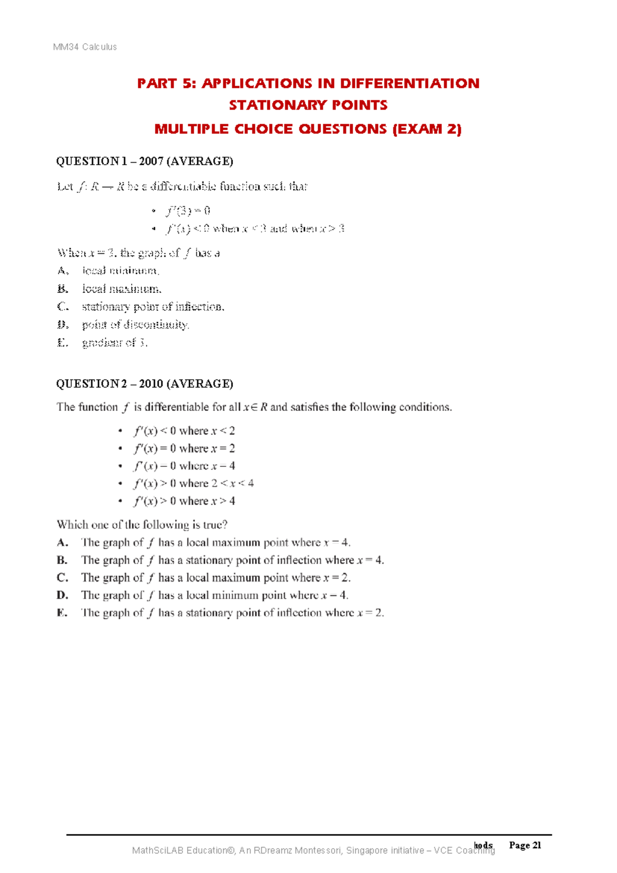 MM34 Calculus Exam Questions: Parts 5 & 6 Difficult Qns (VCE) - Studocu