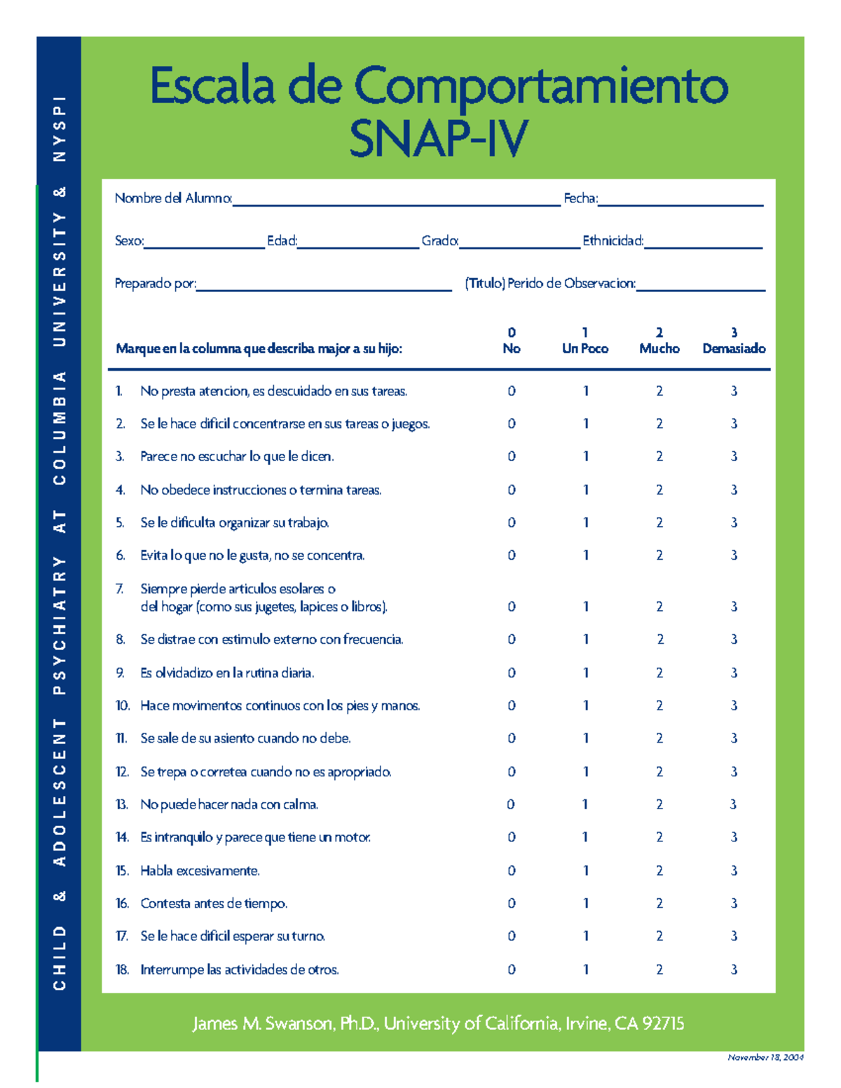 SNAP IV 18 Spanish - Escala de Comportamiento para TDAH - Studocu