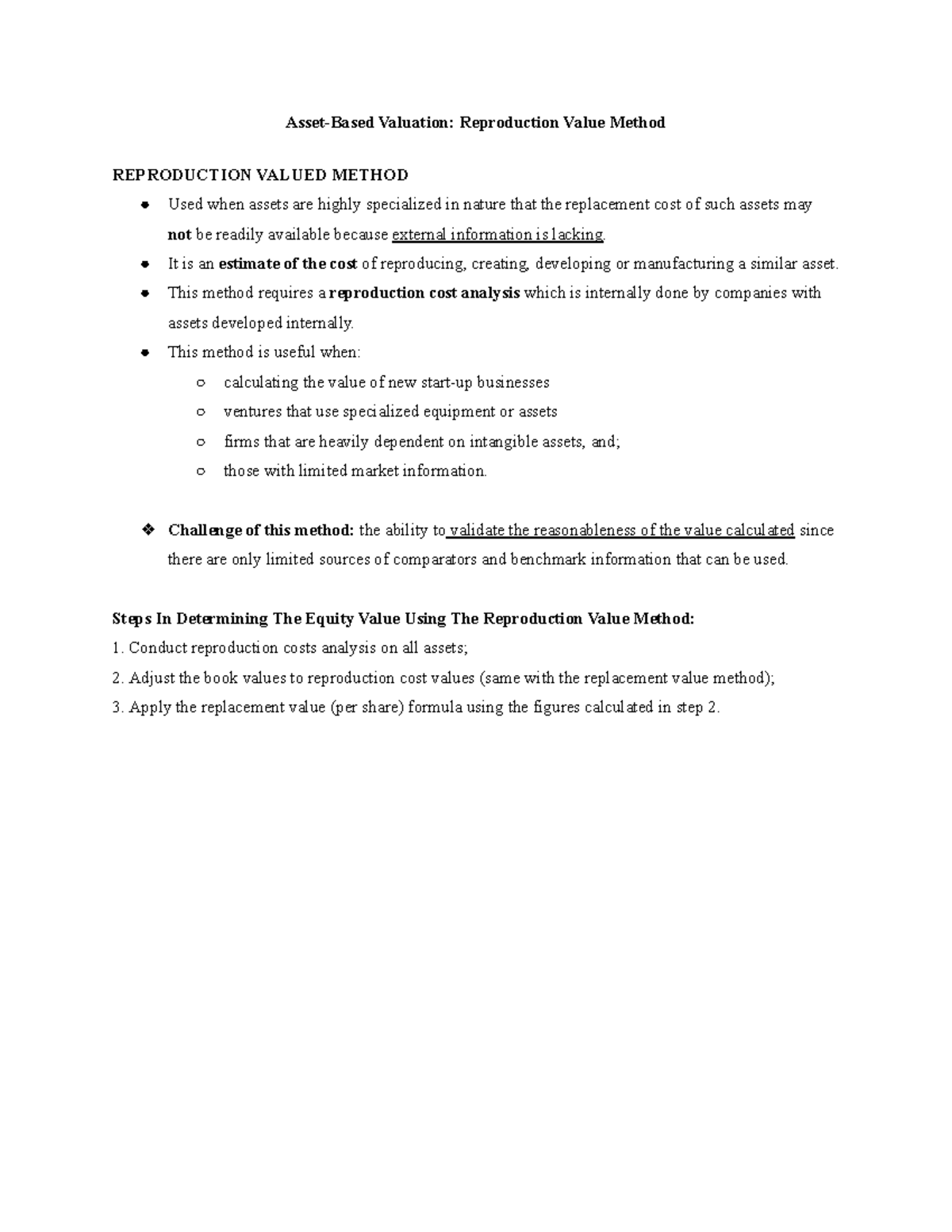 Asset-Based Valuation: Reproduction & Liquidation Value Methods - Studocu