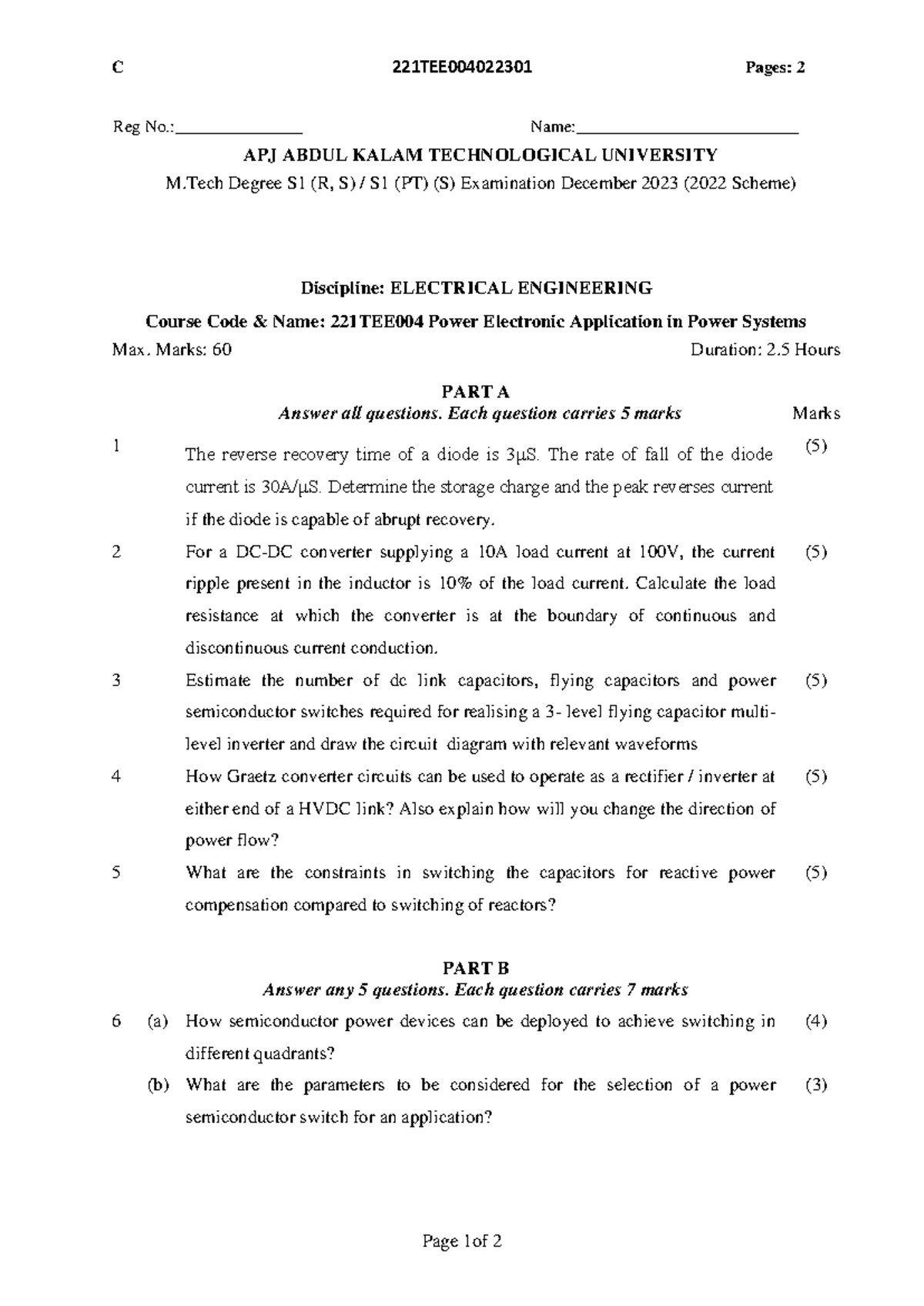 221TEE004-B M.Tech Exam Dec 2023: Power Electronics in Power Systems ...