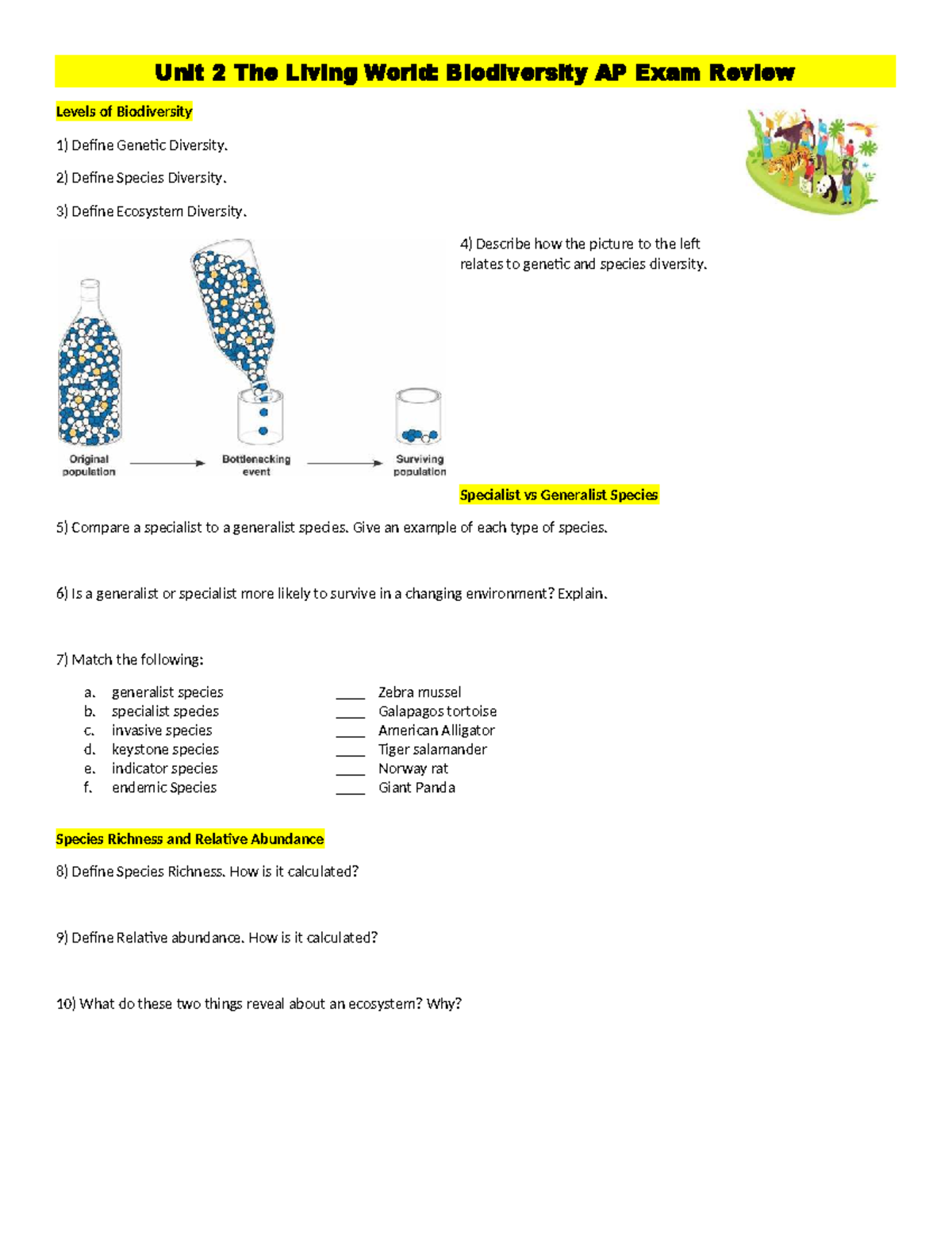 Unit 2 AP Exam Review: Biodiversity and Ecosystem Dynamics - Studocu