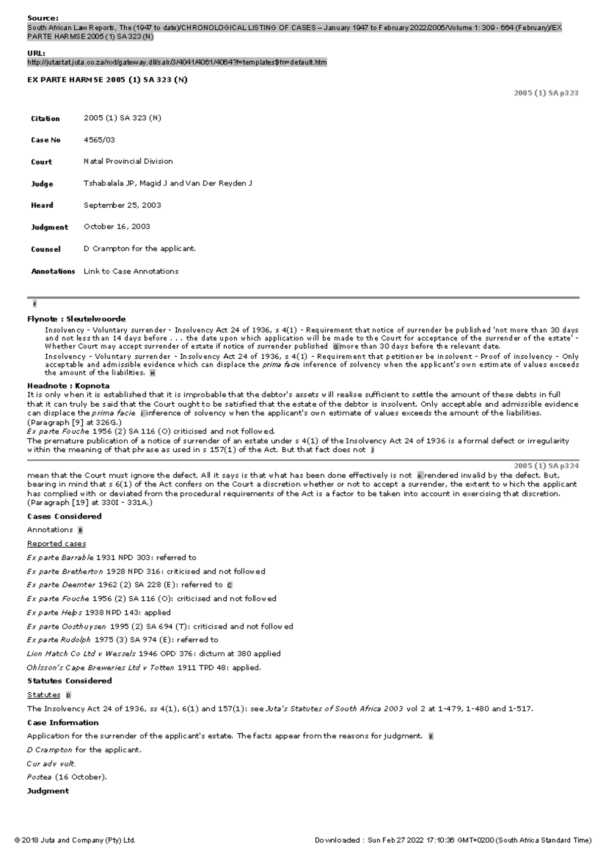 Analysis of EX Parte Harmse 2005 (1) SA 323 (N) Case and Implications ...