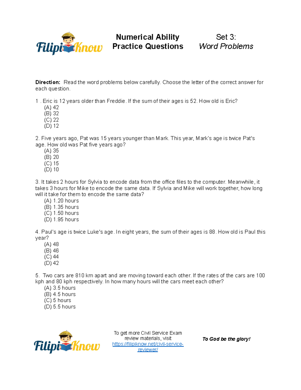 Numerical Ability Practice Questions for Civil Service Exam Set 3 - Studocu