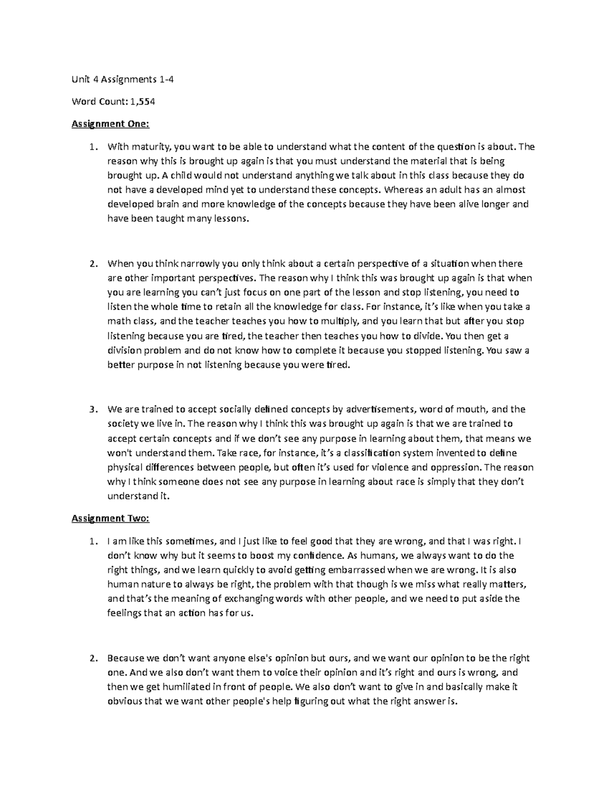 Unit 4 Assignment - Exploring Perspectives and Critical Thinking - Studocu