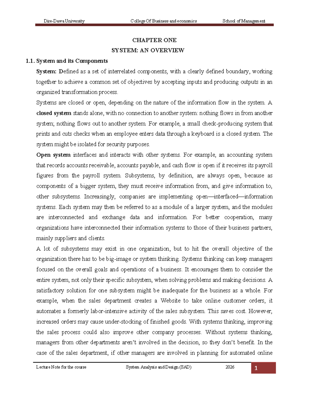 SAD 2026 Lecture Notes: Chapter 1 - Overview of Systems - Studocu