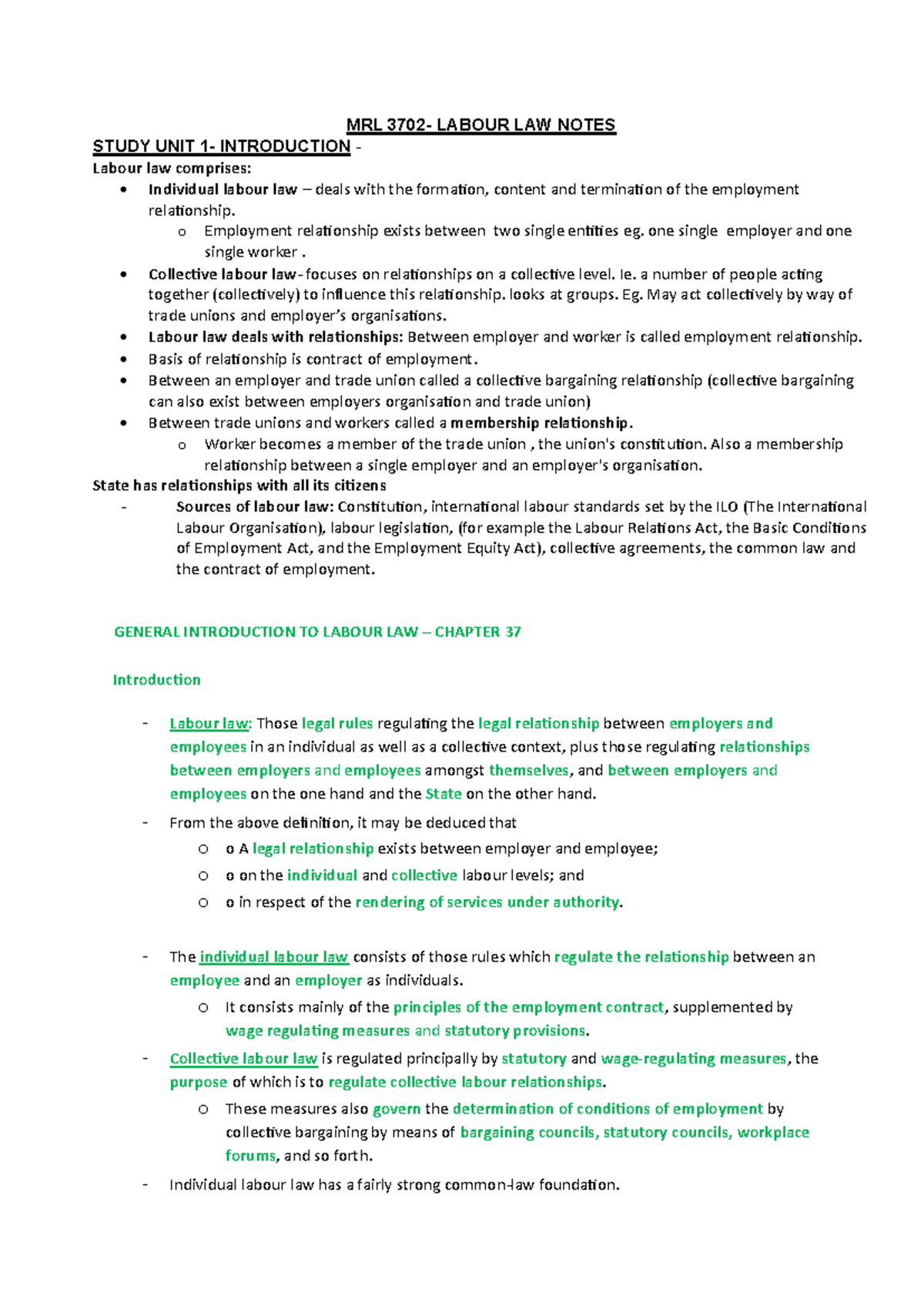 MRL 3702 - Comprehensive Labour Law Final Exam Notes - Studocu