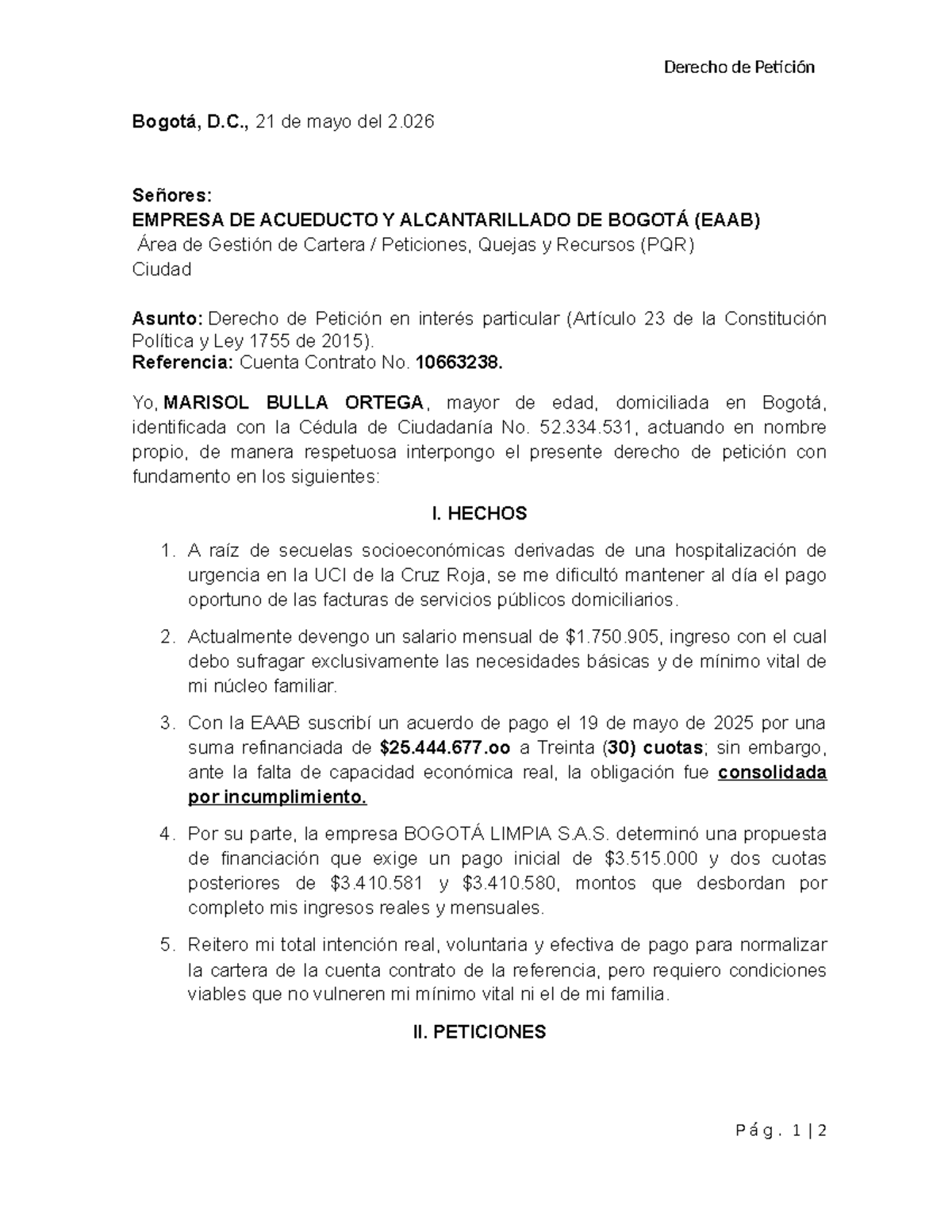 Derecho de Petición a la EAAB - Contrato No. 10663238 - Studocu