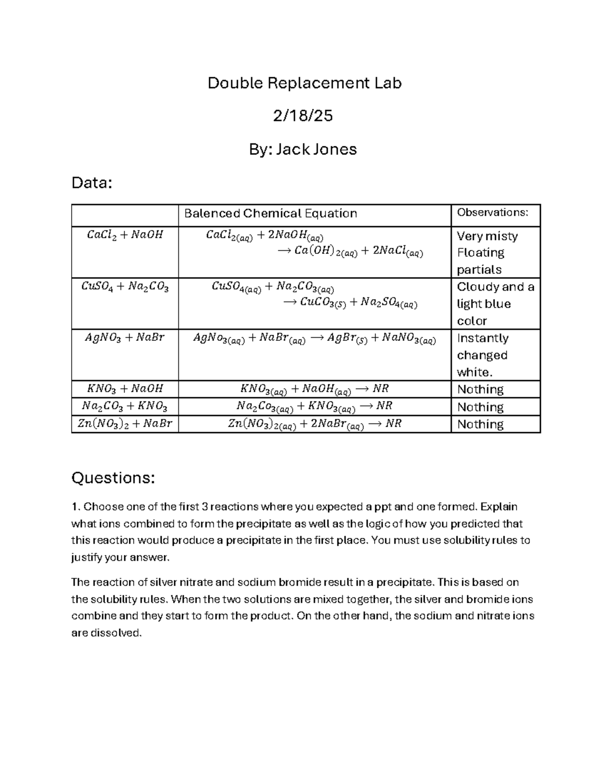 Double Replacement Lab: Balenced Chemical Equations & Observations ...