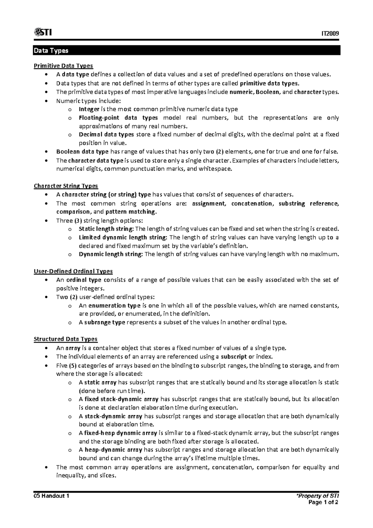 Data Types and Control Structures Overview for Proglang (05 Handout 1 ...