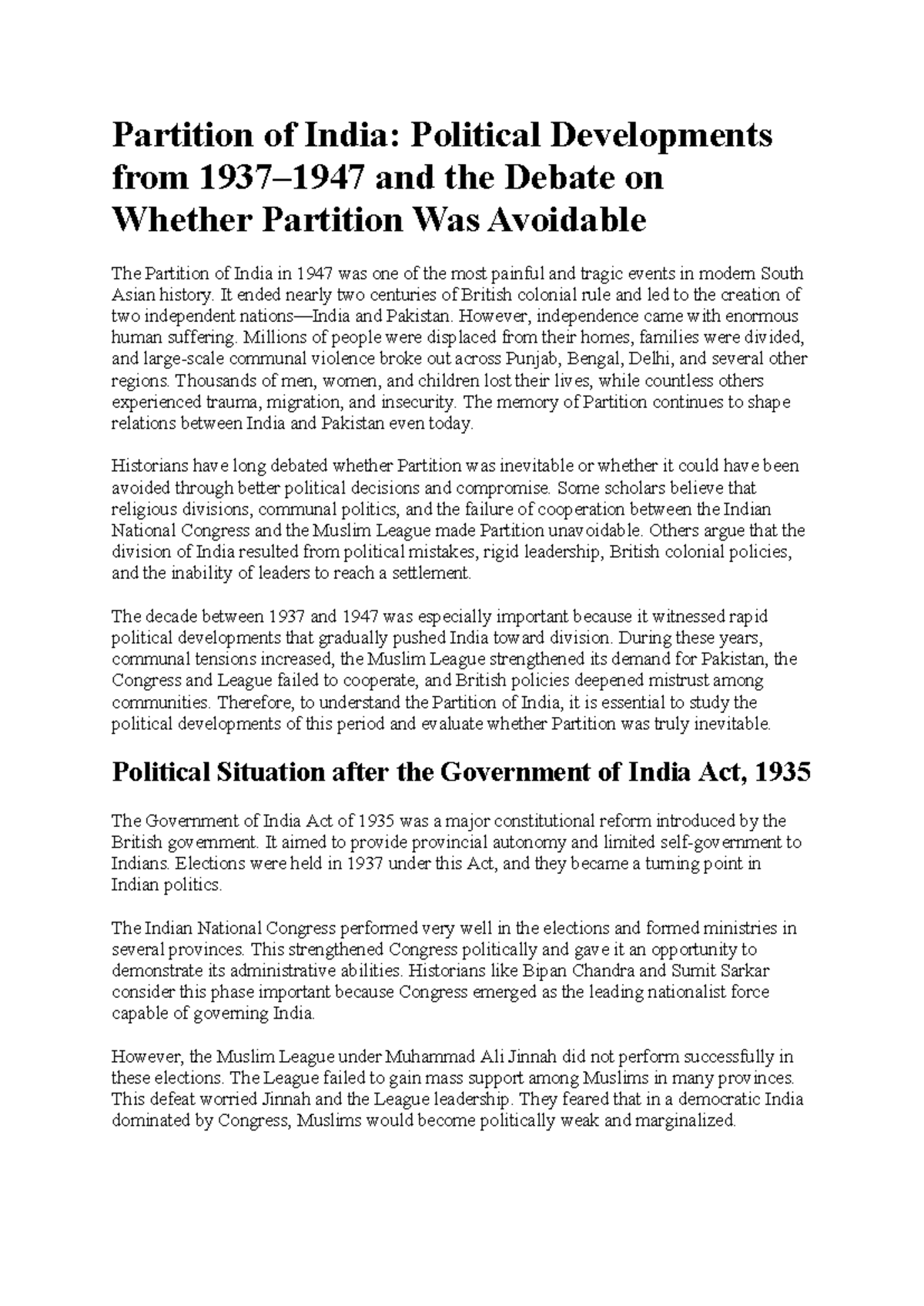 Political Developments Leading to the 1947 Partition of India: An ...