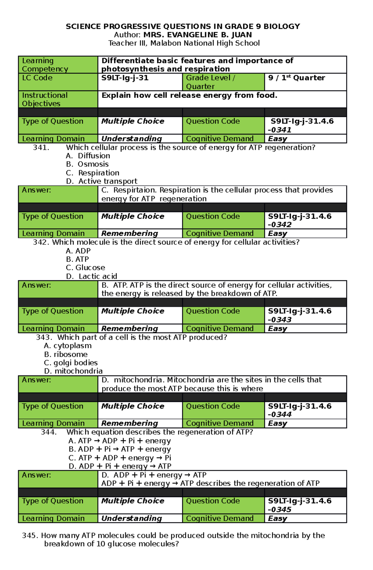Grade 9 Biology Q1: Photosynthesis & Respiration MCQs and Answers - Studocu