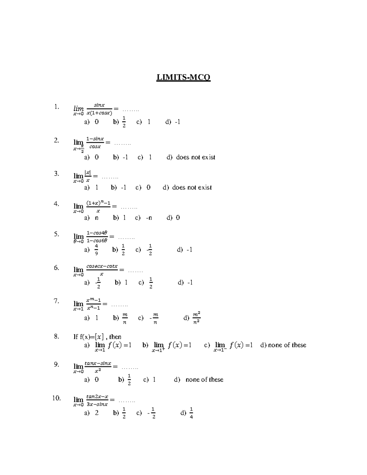 Limits MCQ Practice Questions for Calculus (MATH101) - Studocu