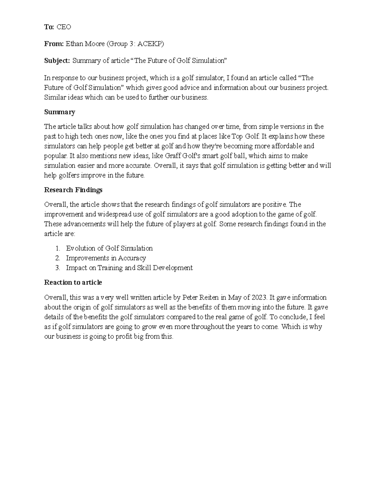 ACEKP Group 3: Informal Summary of Golf Simulation Trends - Studocu