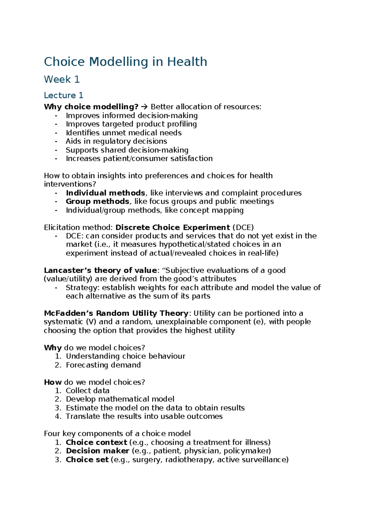 Choice Modelling in Health: Week 1 Lecture Overview - Studeersnel