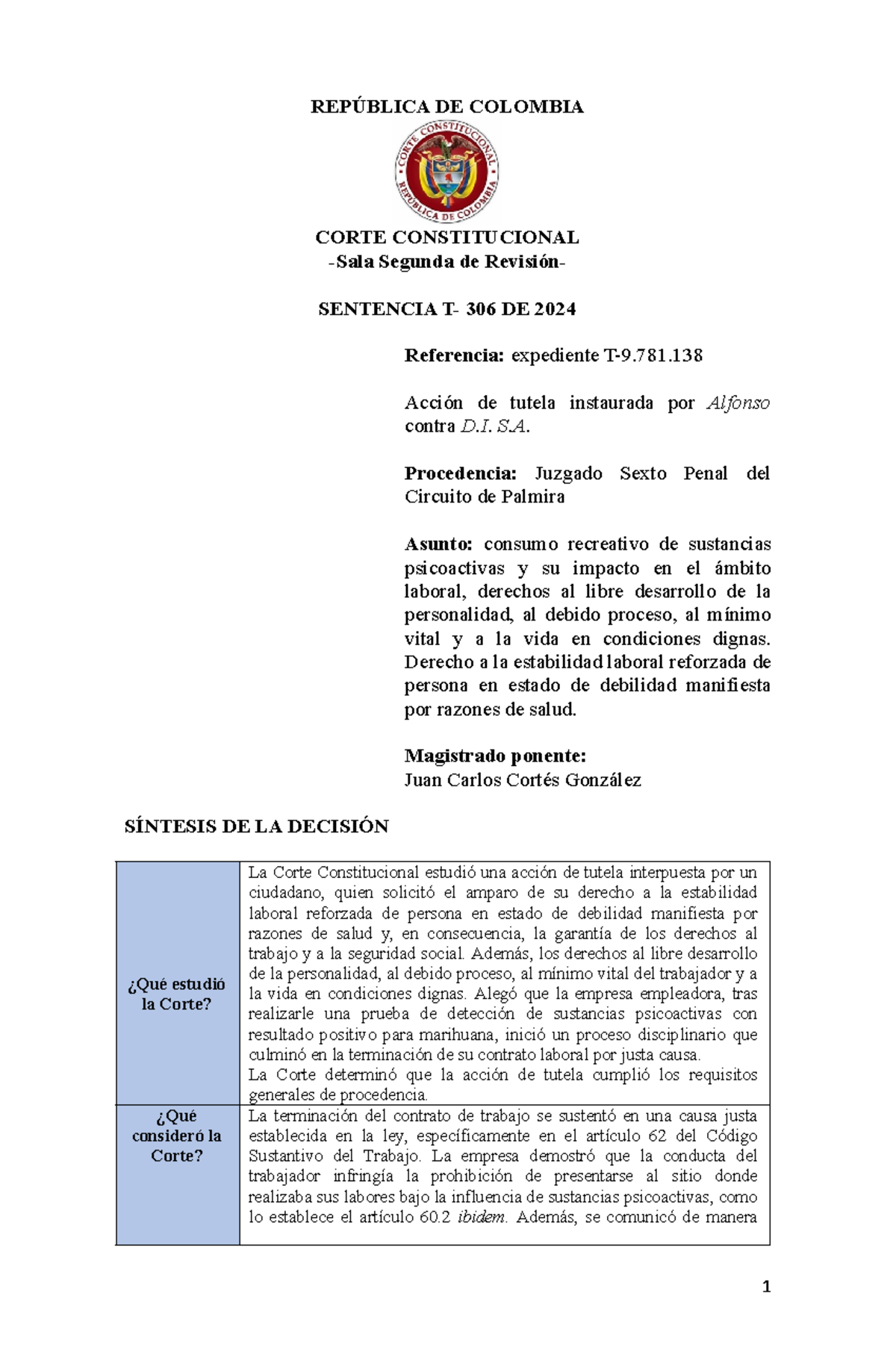 Sentencia T-306 de 2024: Proceso de Tutela y Estabilidad Laboral - Studocu