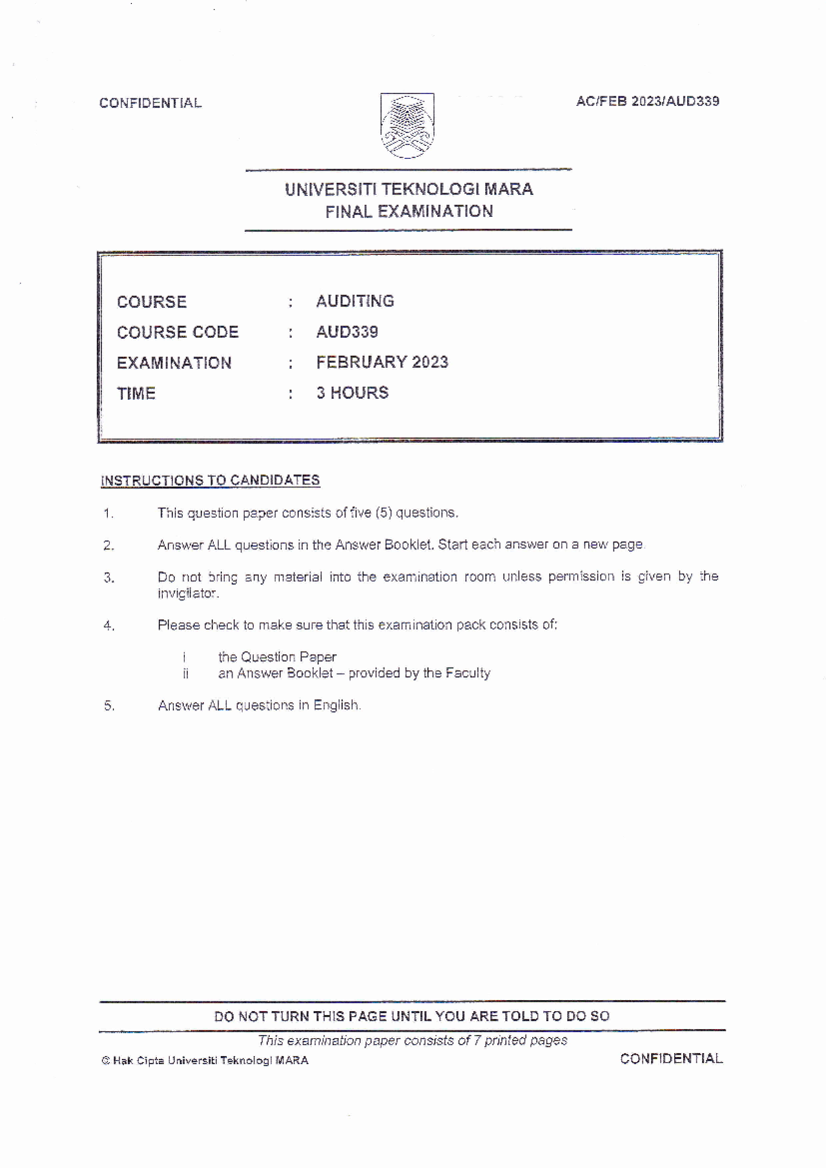 AUD339 FINALE EXAM FEB2023: Internal Control & Auditing Issues - Studocu