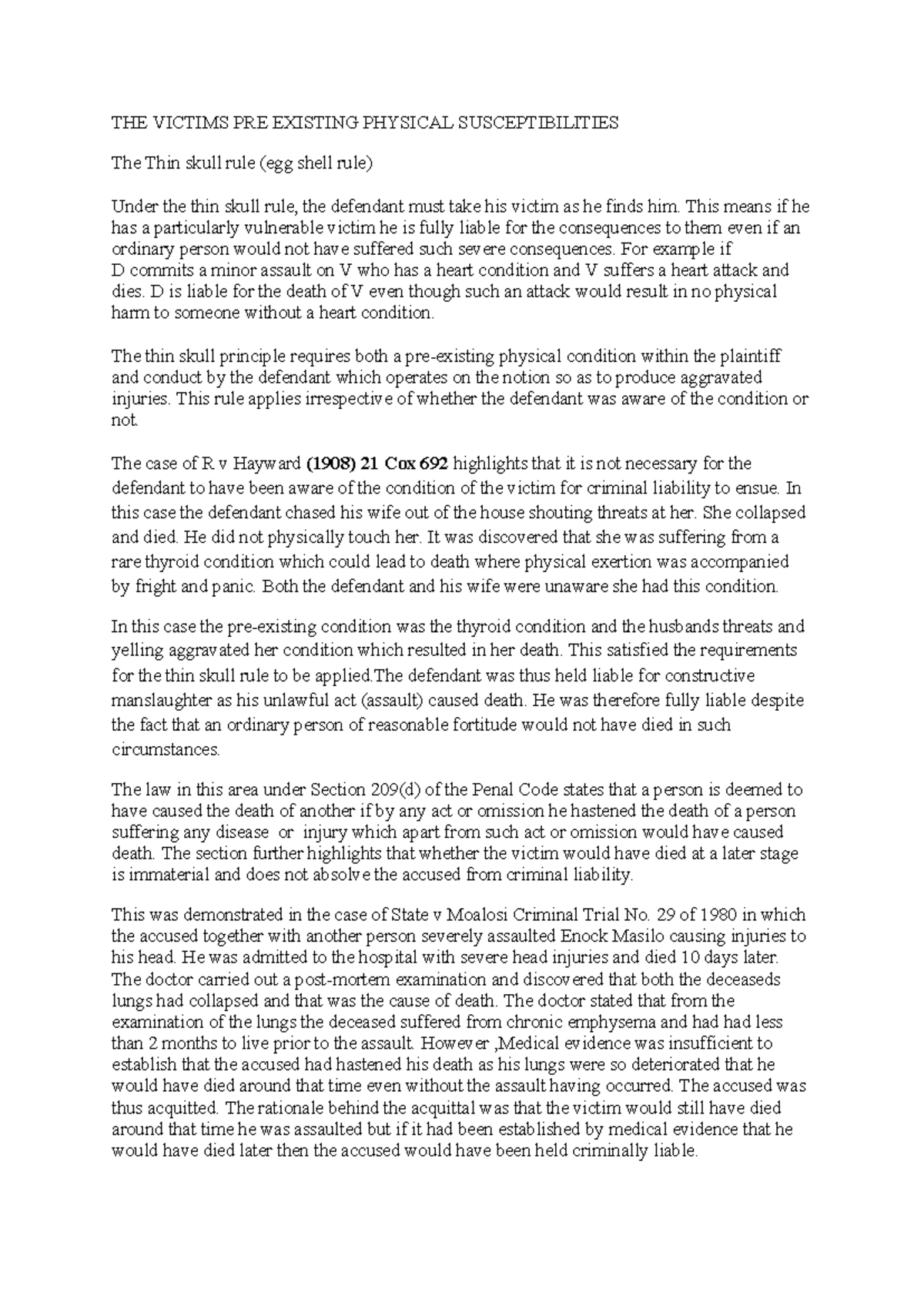 Criminal Law: The Thin Skull Rule and Victim Liability (KAGO) - Studocu