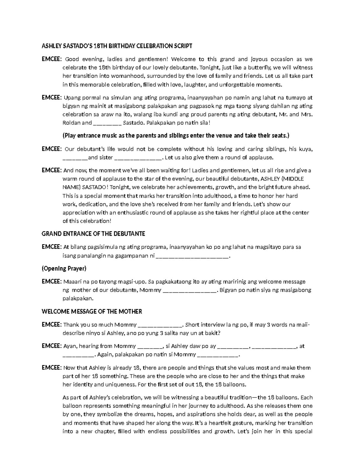 Ashley Sastado's 18th Birthday Celebration Script - Studocu