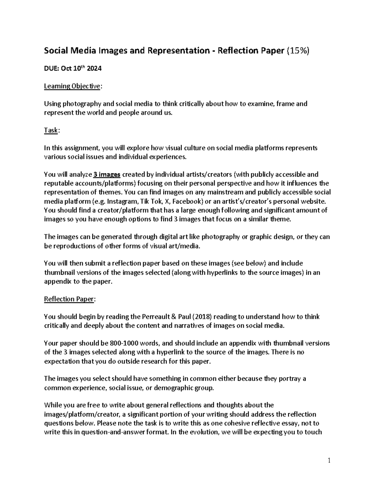 Social Media Reflection Paper Instructions and Rubric - IBH 1BB3 - Fall ...